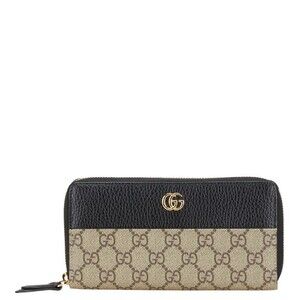Gucci GG Supreme Double Long Wallet Zip Around Beige Black Leather
